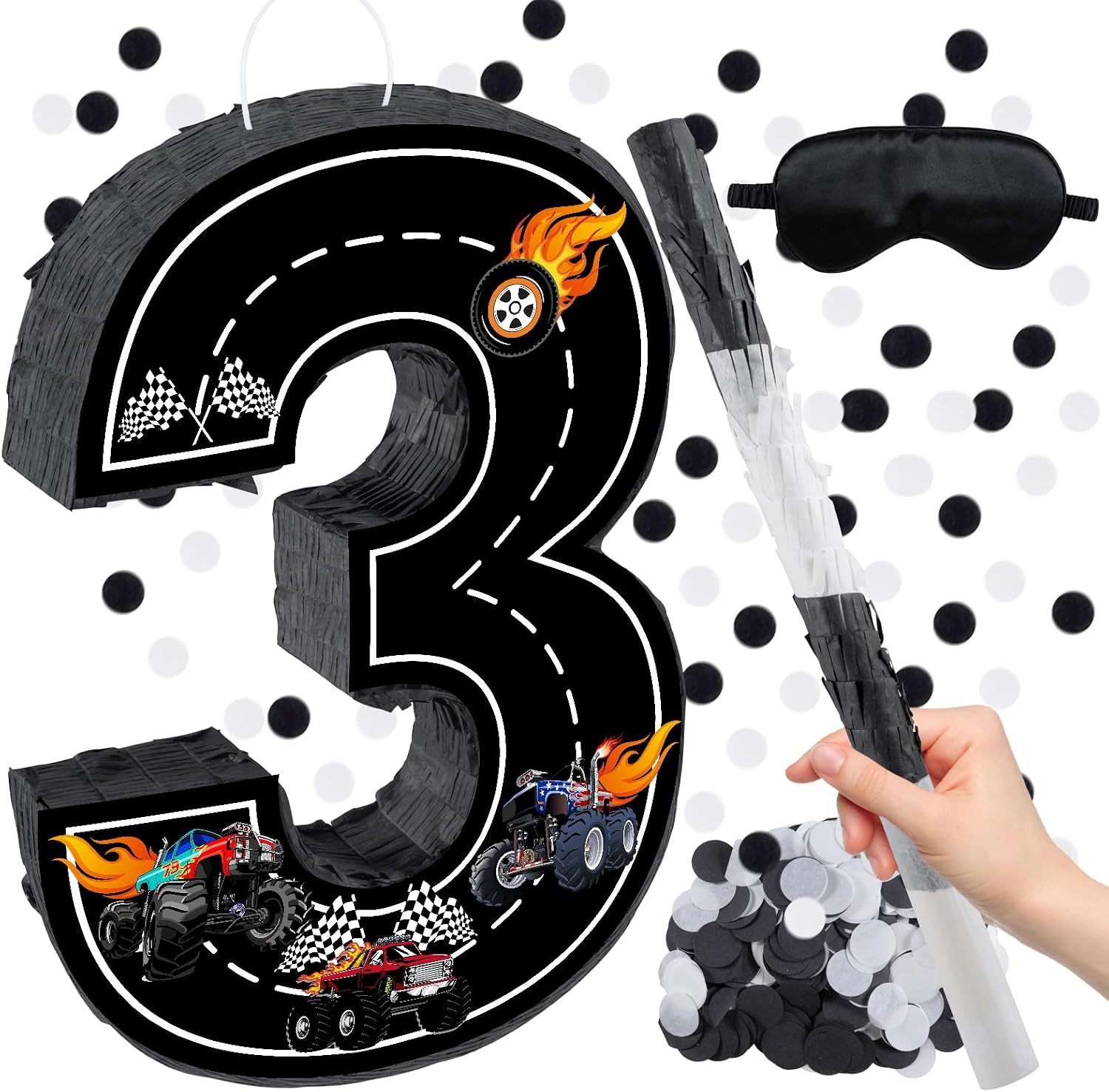 Truck Theme Pinata, 15.7‘’ Truck Number 5 Birthday Pinata with 16 Inch Piñata Stick Blindfold Confetti for 5 Birthday Decorations (5th)