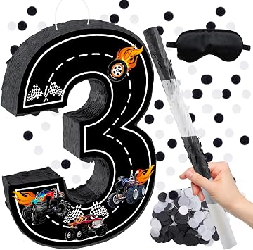 Truck Pinata, 15.7 Truck Number 3 Birthday Pinata with 16 Inch Pinata Stick Blindfold Confetti for 3rd Birthday Decorations 3rd