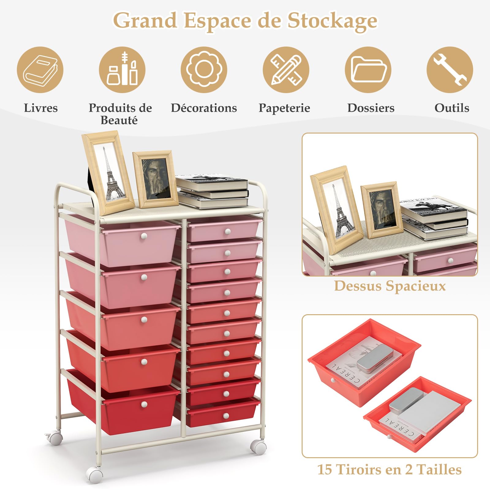 GOPLUS Desserte à roulettes avec 15 Tiroirs en Plastique Coulissant, Cadre Fer Blanc, 63x37x87CM, Chariot de Rangement à roulettes, 2 avec Frein, Poignée Latéral, pour Chambre, Bureau (Rose Dégradé)