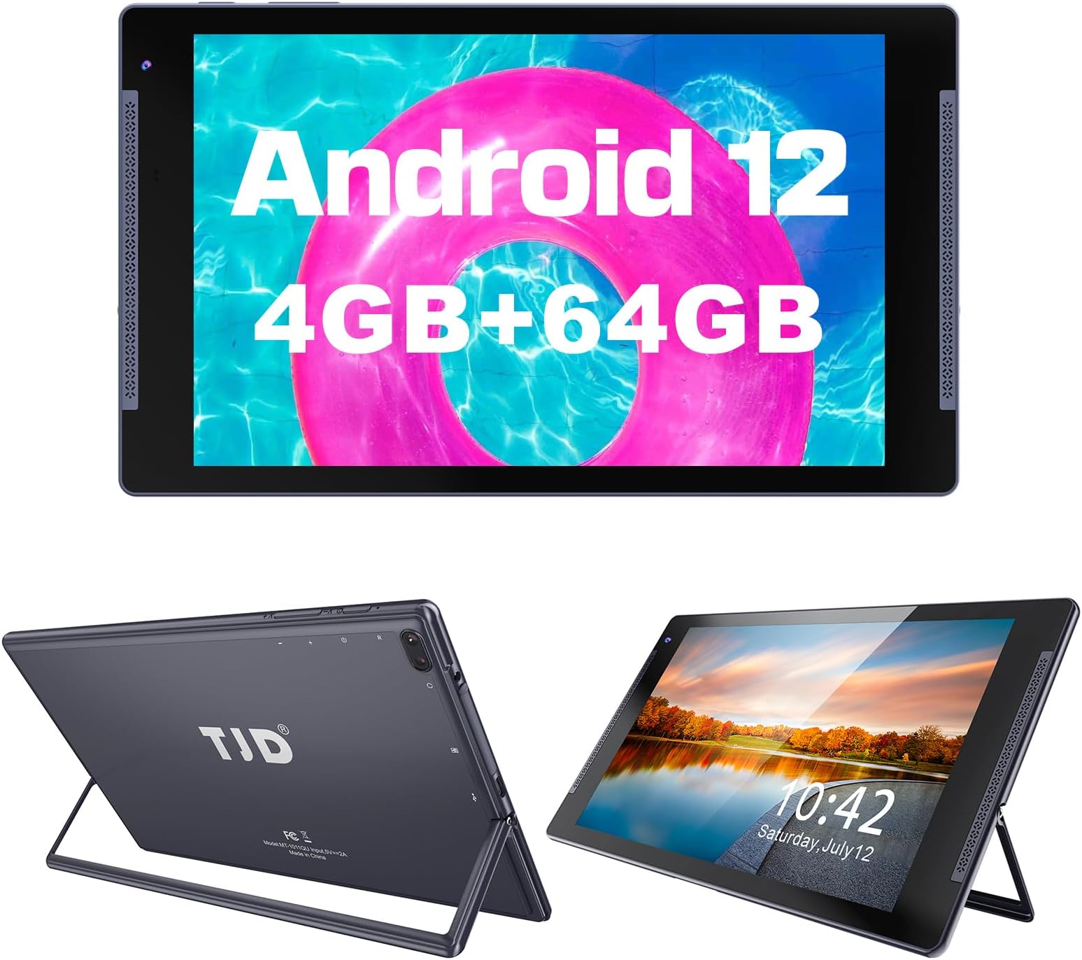 TJDAndroid 12 Tablets,10.1 inch Tablet PC, 4GB RAM 64GB ROM 512GB MicroSD, FHD IPS Display, Dual Camera, Double Stereo Speakers, Wi-Fi5.0/2.4, Bluetooth5.0, (Gray)