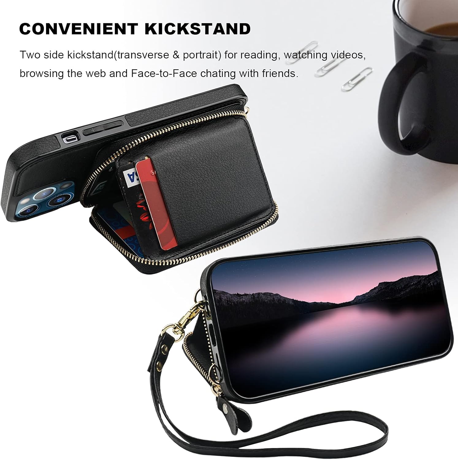 Bocasal RFID Blocking Wallet Case for iPhone 12 Pro Max, Adjustable Crossbody Zipper Purse with Kickstand and Detachable Wrist Strap, PU Leather Flip Folio Case 6.7 Inch 5G (Black) - Image 5