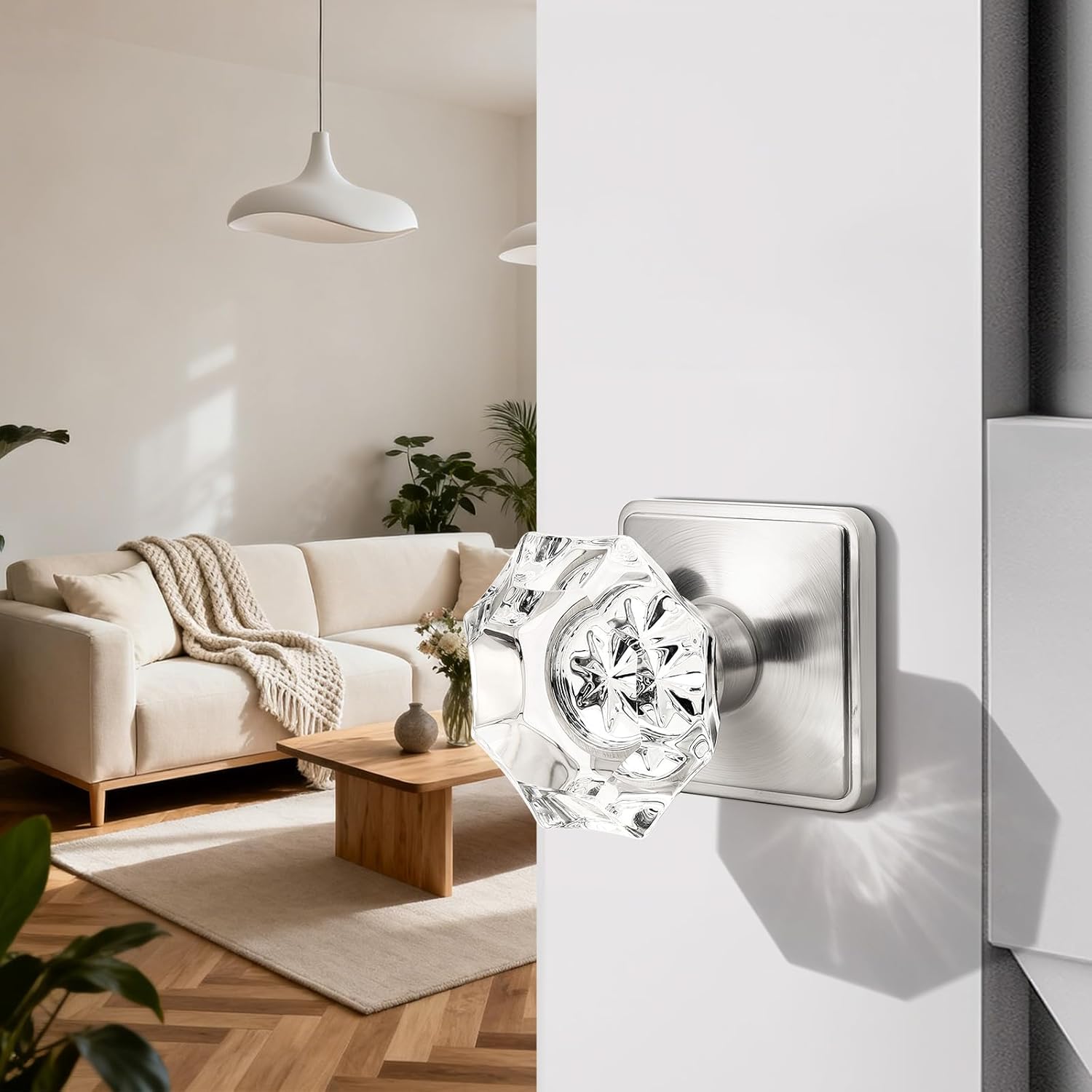 Orger Passage Door Knobs,Modern Glass Door Knobs, Keyless Stain Nickel Interior Door Handles Zinc-Alloy Heavy Duty for Closet Hallway 5Pack