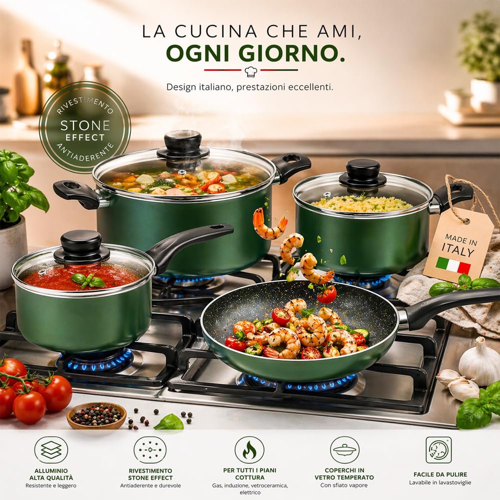 BAKAJI Batteria di Pentole Natura Più Colore Verde con Fondo Antiaderente e Manico Cool Touch, Accessori Mestoli, Impugnatura Ergonomica, Coperchi in Vetro, Casseruola e Padella con Cottura Omogenea