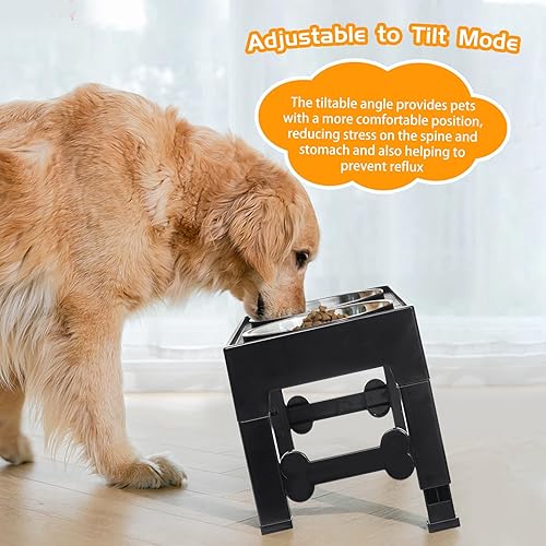 Miniatura 8 de Marchul Cuencos elevados para perros, 4 cuencos elevados de altura ajustable con 2 cuencos de acero inoxidable, cuenco antideslizante para comida y