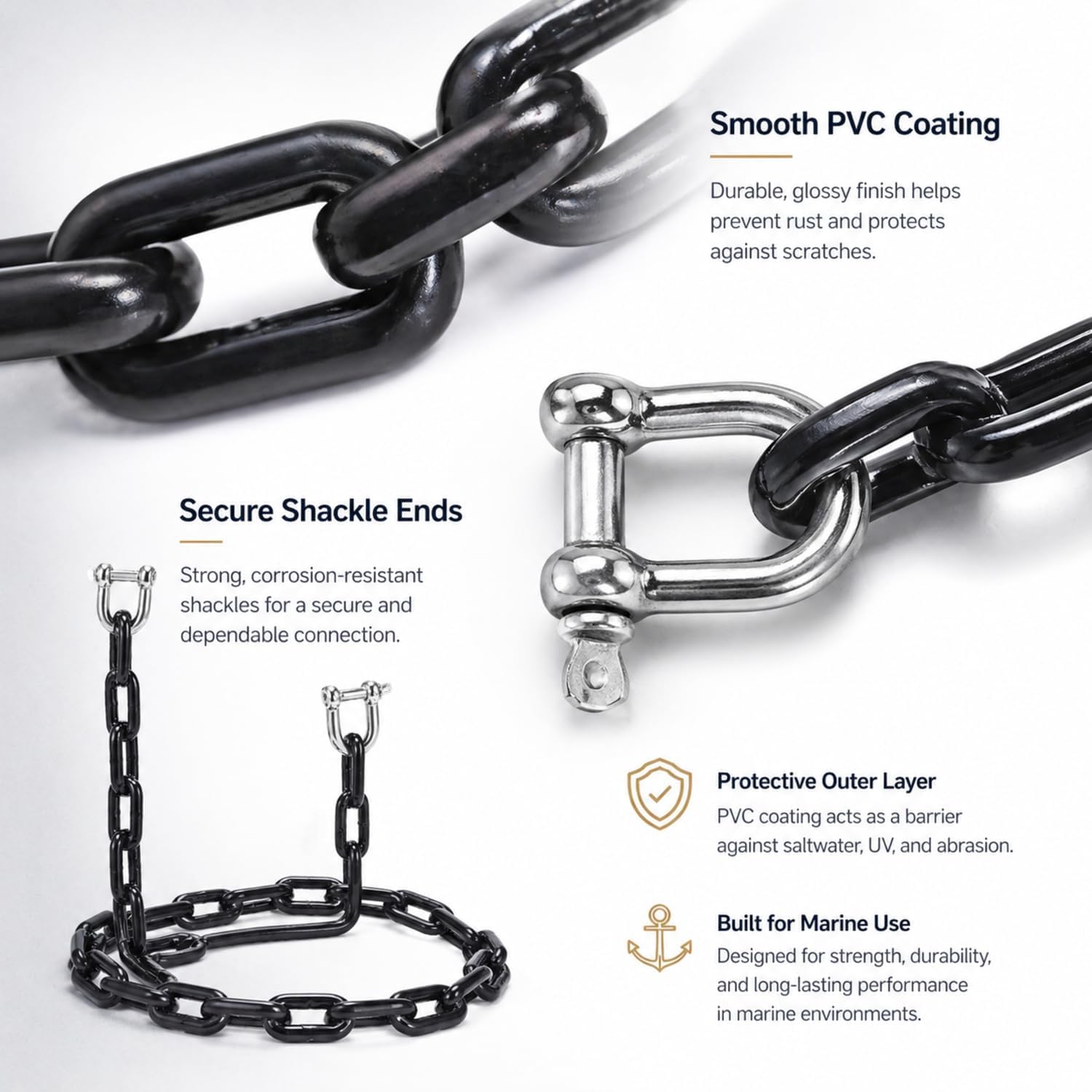 MorningRo PVC Coated Boat Anchor Chain 1/4 Inch x 4ft/ 5ft/ 6ft/ 7ft Anchor Chain for Boats with Stainless Steel Shackle Boat Safety for Kayak