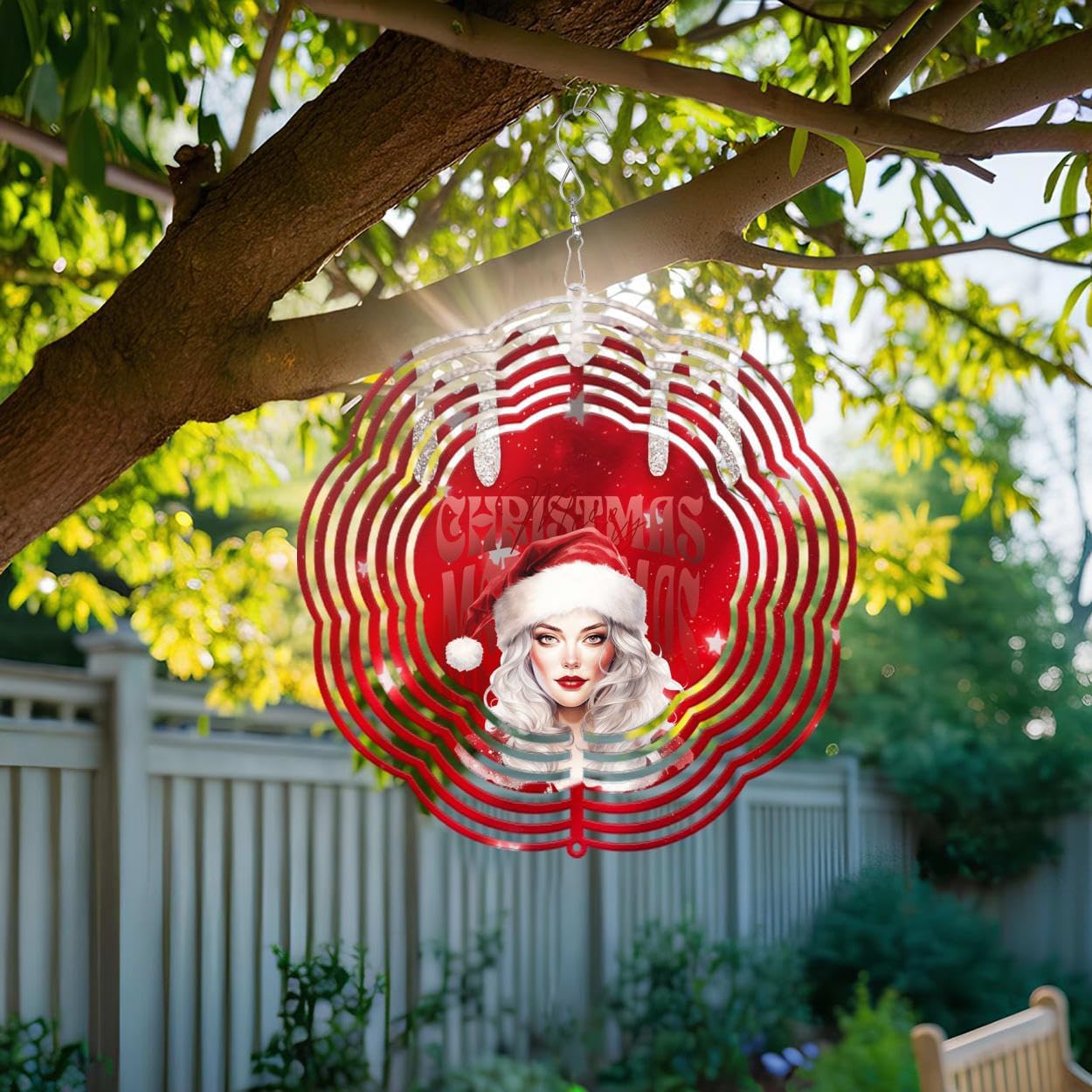 Beautiful Girl Merry Christmas Wind Spinners 3D Stainless Steel Laser Cut Metal Double Sided Printing-Hanging Indoor/Outdoor Decorations Yard Gardening Decor,Metal Kinetic Art 14x14 inches