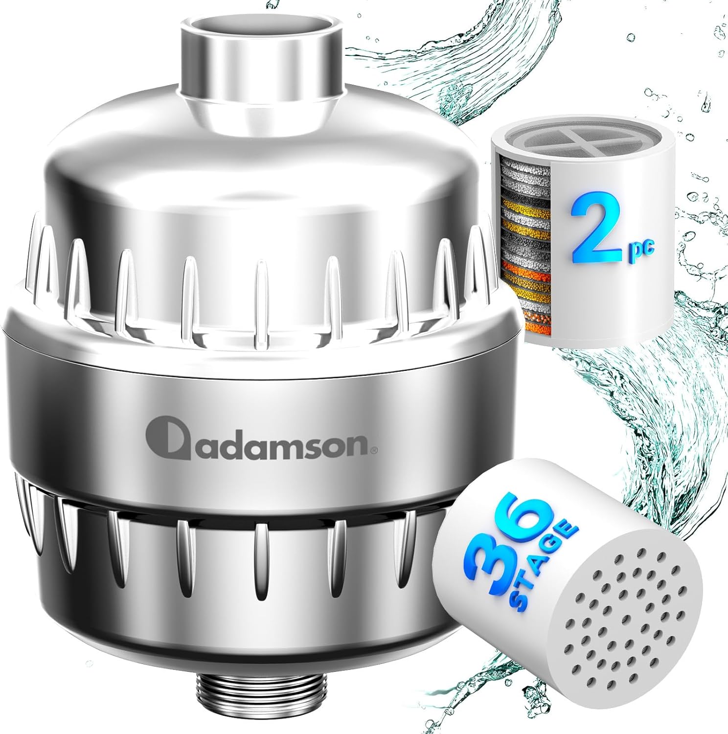 Adamson Shower Filter for Hard Water – 36-Stage Filtered Shower Head, Helps Reduce Chlorine – Supports Healthier Skin & Hair – High Output – Easy Tool-Free Install – Extra Cartridge Included