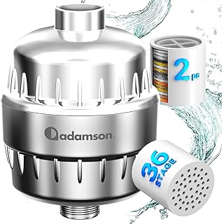 Adamson 36-Stage Shower Filter for Hard Water — Reduces Chlorine & Heavy Metals, Improves Skin & Hair (Tool-Free, Extra Cartridge)