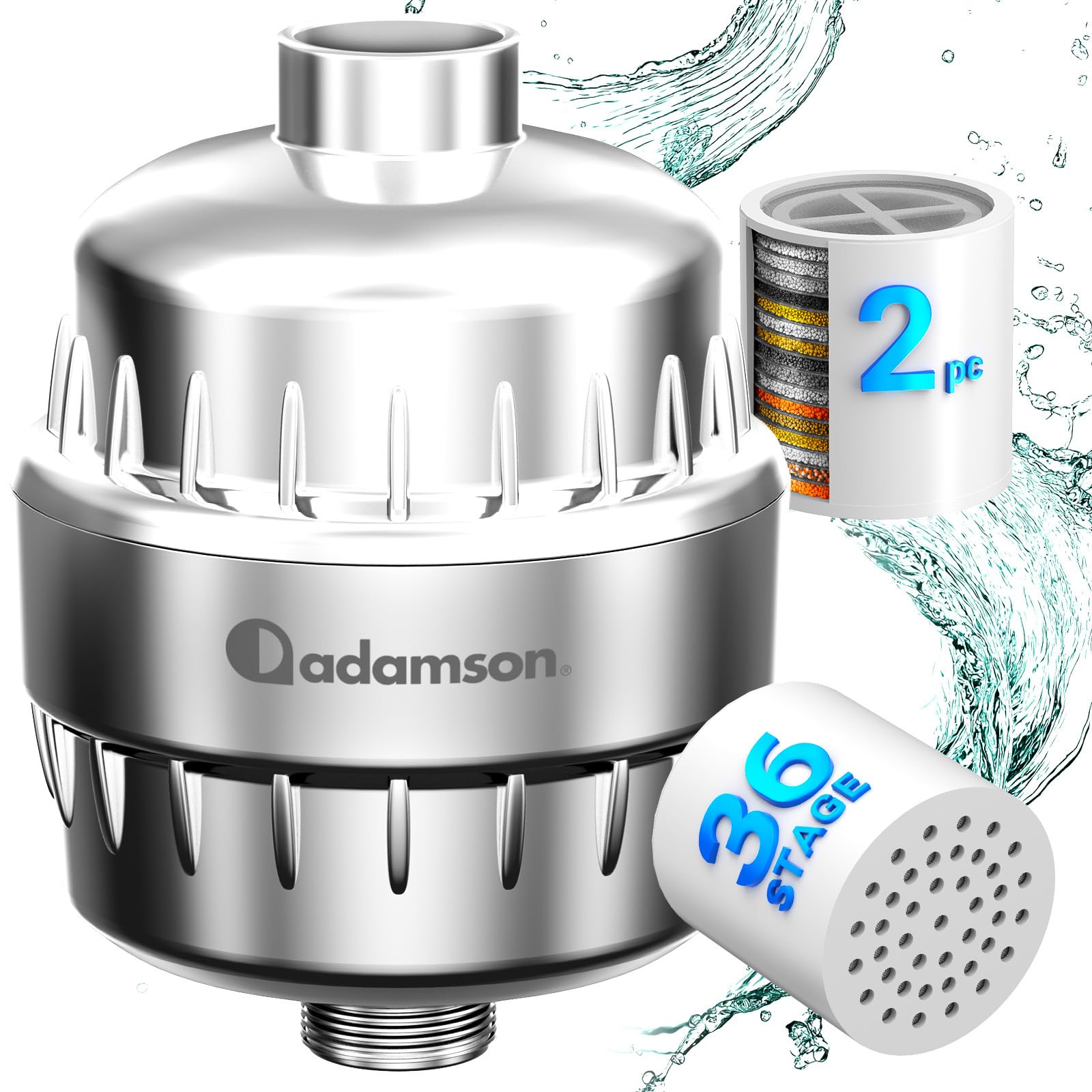 Adamson Filtro Doccia Anticalcare – 36 Stadi Filtro Acqua Doccia – Riduce Calcare e Cloro – Protegge Pelle e Capelli – Shower Filter Facile da Installare – 1 Cartuccia Extra Inclusa