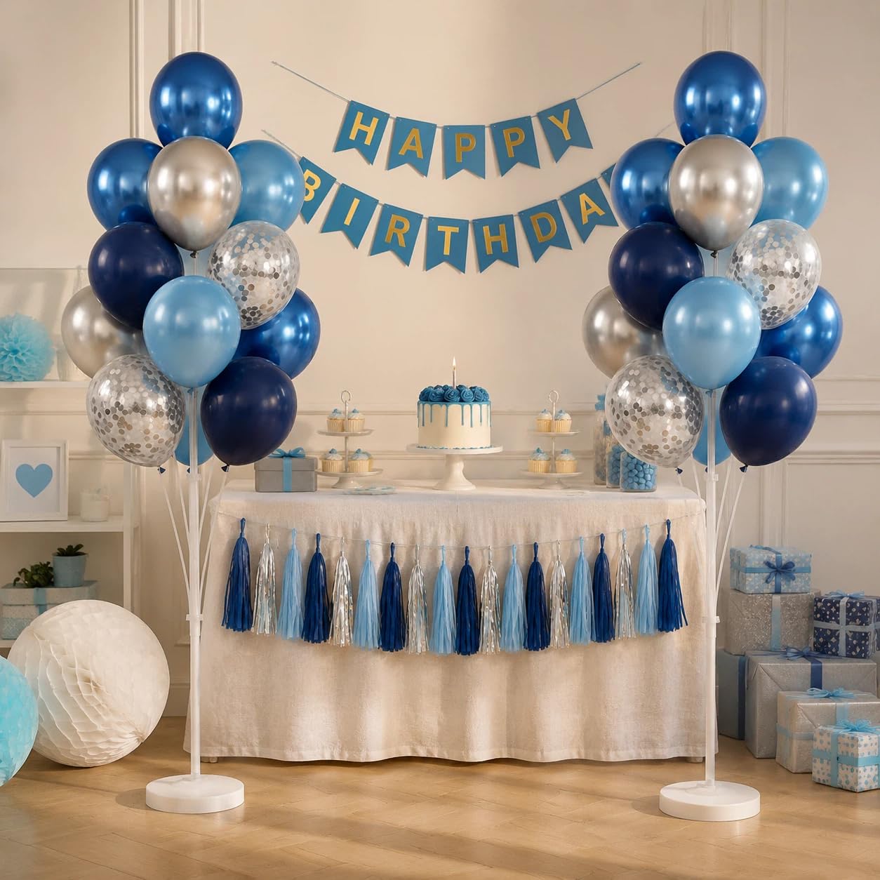 Juego de 2 soportes para globos, soporte de columna para globos con confeti dorado azul marino metálico plateado y azul mezclado para cumpleaños, boda, baby shower, graduación, decoración de fiesta de