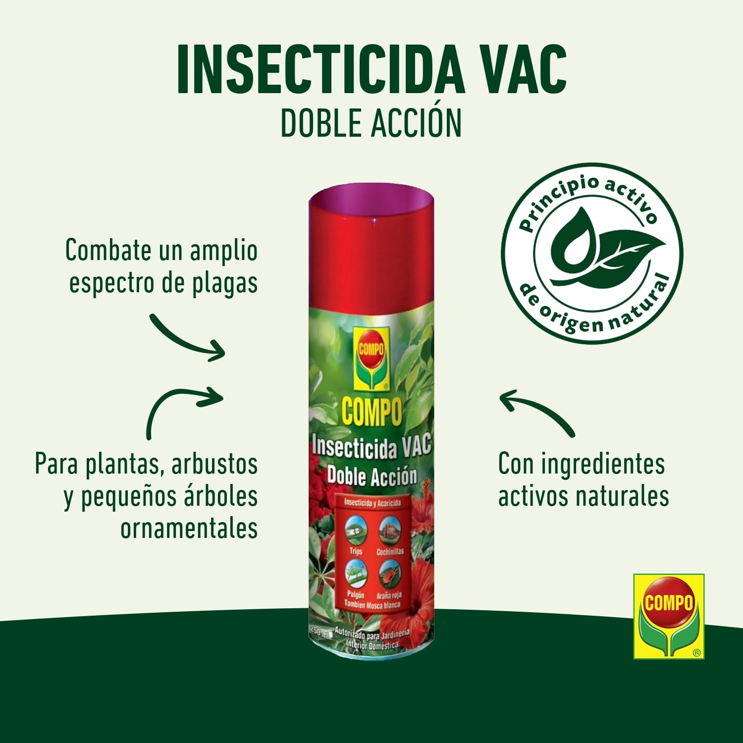 COMPO Aerosol Doble Acción, Insecticida y acaricida, Para jardinería exterior doméstica, 250 ml