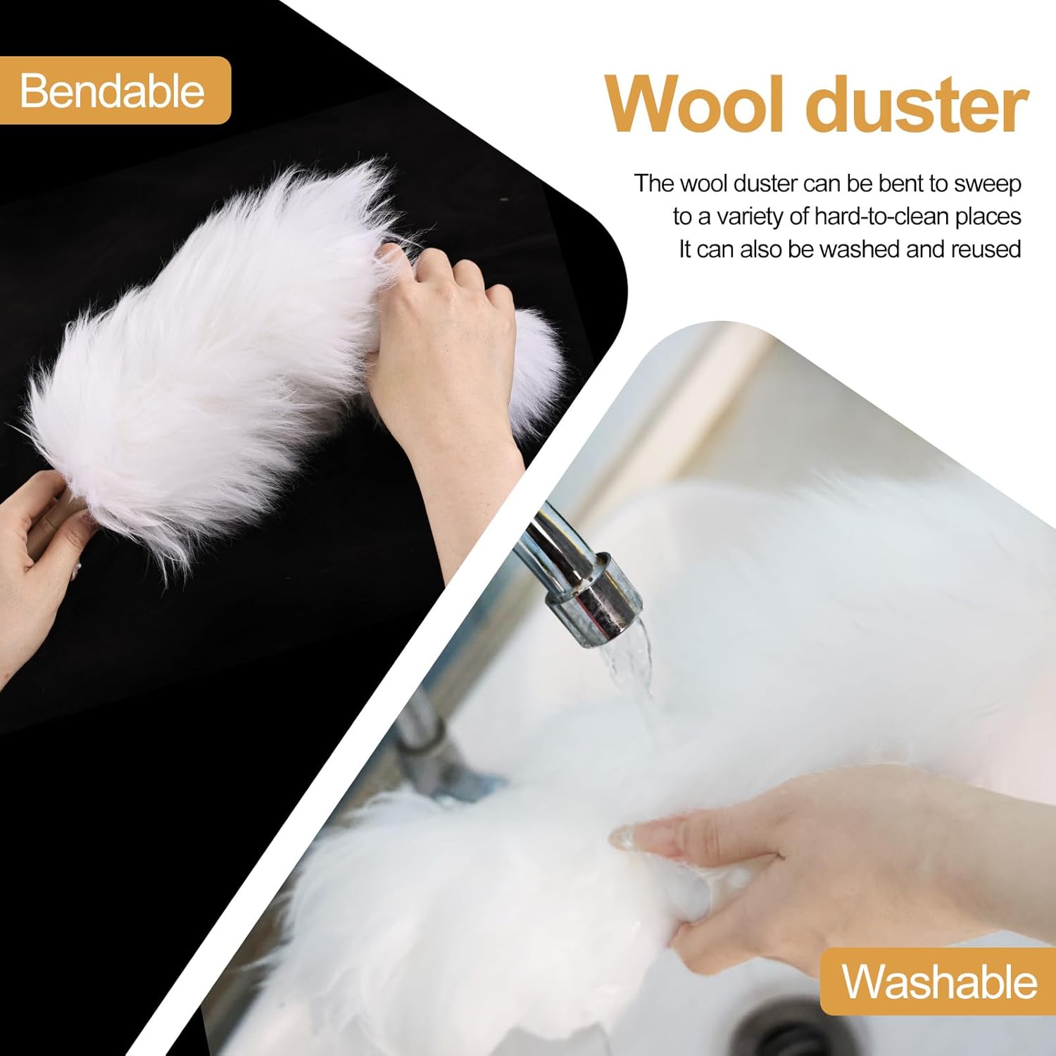 White Lambswool Extendable Duster, 32-98 Inch Bendable Wool Head with Anti-Static Properties and Stainless Steel Extension Pole for Ceiling Fans, High Walls, and Roof Dusting(Two Pack)