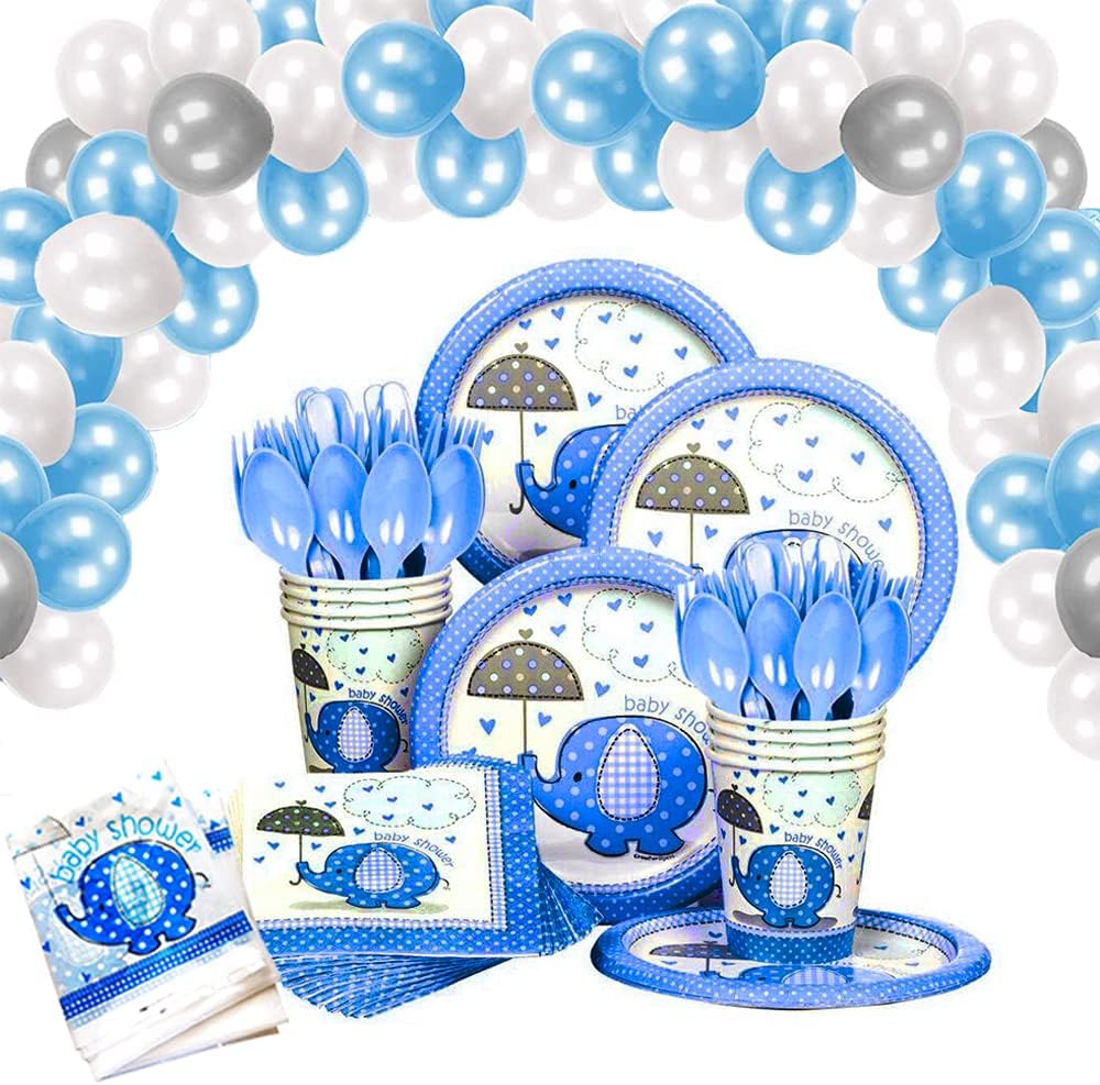 AinDen 177 Pcs Baby Shower Decorations for Boy, Its a Boy Plates and Napkins Set, Baby Shower Party Supplies with 48 PCS Balloons, Blue Elephant Baby Shower Decorations for Boys