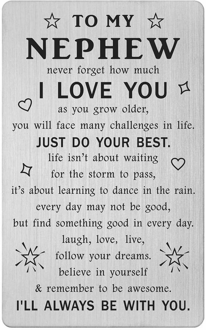 TANWIH Gifts for Nephew - Engraved Metal Nephew Wallet Card with Inspirational Quote - Nephews Birthday Christmas Graduation Card Gift from Aunt Uncle