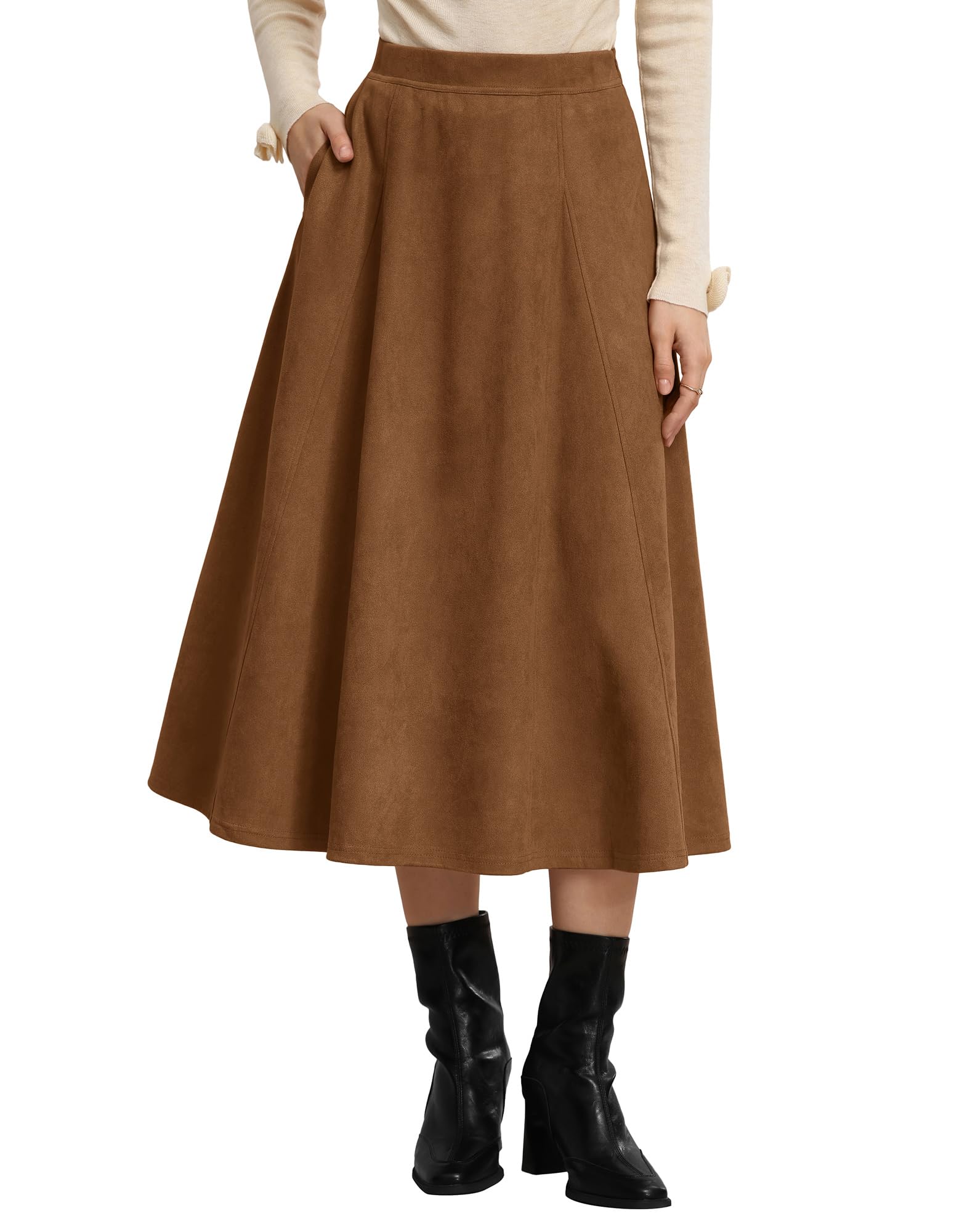 Kate Kasin Damen Wildleder Midirock Hohe Taille A-Linie Rock mit Taschen