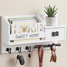 AIRPOP Key Holder Wall Mount-Home Sign Mail and Key Organizer for wall with 3 Hooks and Storage Drawer, Easy Installation Key Rack Hanger for Entryway Living Room House Decor White