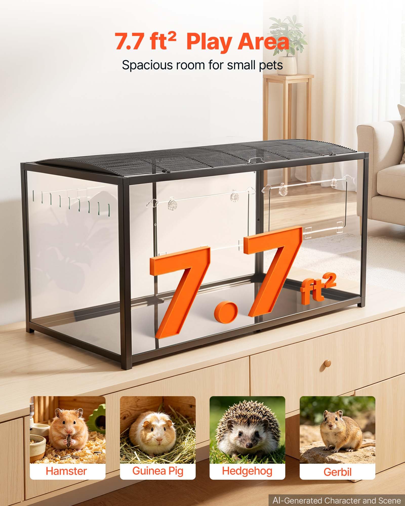 VEVOR Cage Hamster 120x60x64,5 cm 0,7 m² Habitat Rongeurs en Métal Vue 360° | Pour Gerbille, Cochon d'Inde, Petit Animal, Accès par Haut, Porte Frontale, Cadre Noir, Panneaux en Acrylique Transparent