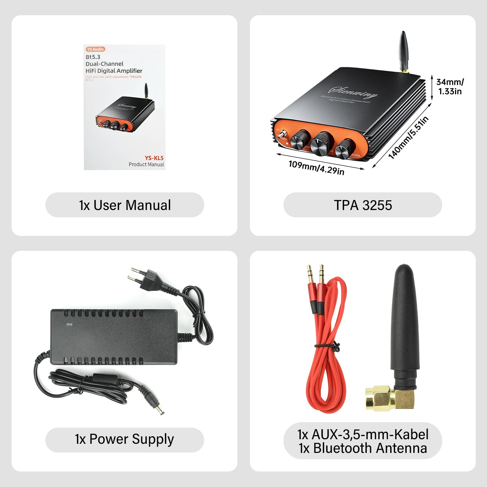 Mini Amplificador Audio Bluetooth 5.3, Amplificador HiFi Clase D Estéreo 300Wx2 2 Canales con TPA3255, Amplificador de Sonido Digital, Salida del Altavoz del Subwoofer, DC 24-36V, BT/USB/AUX