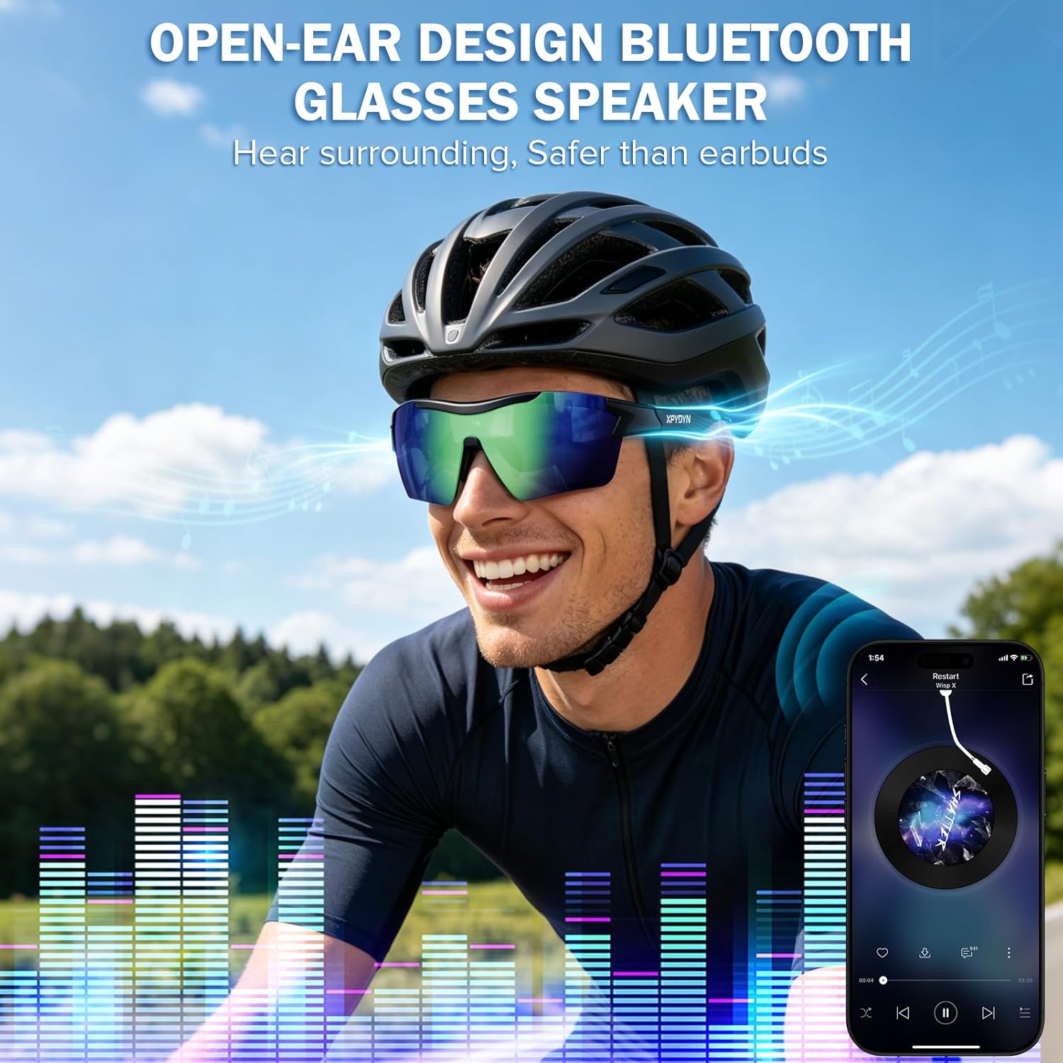 Bluetooth Sports Sunglasses - Smart Glasses with Built-in Audio & Speakers, Polarized UV Protection, Matte Black Frame