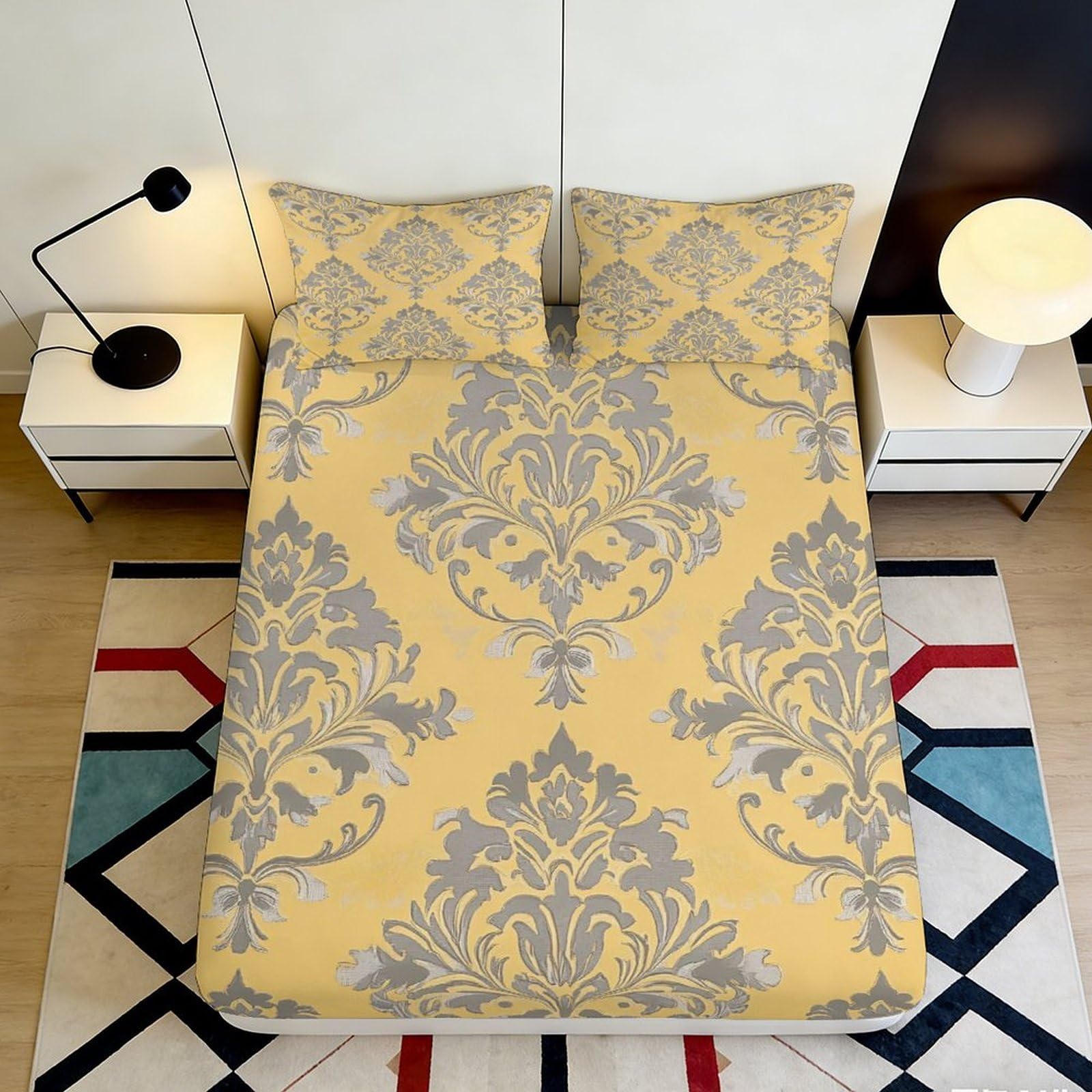 3D Printed Yellow Baroque Pattern Fitted Sheet Microfiber Soft Breathable Damask Bed Cover for Bedroom Guest Room Decor 160x200x25cm