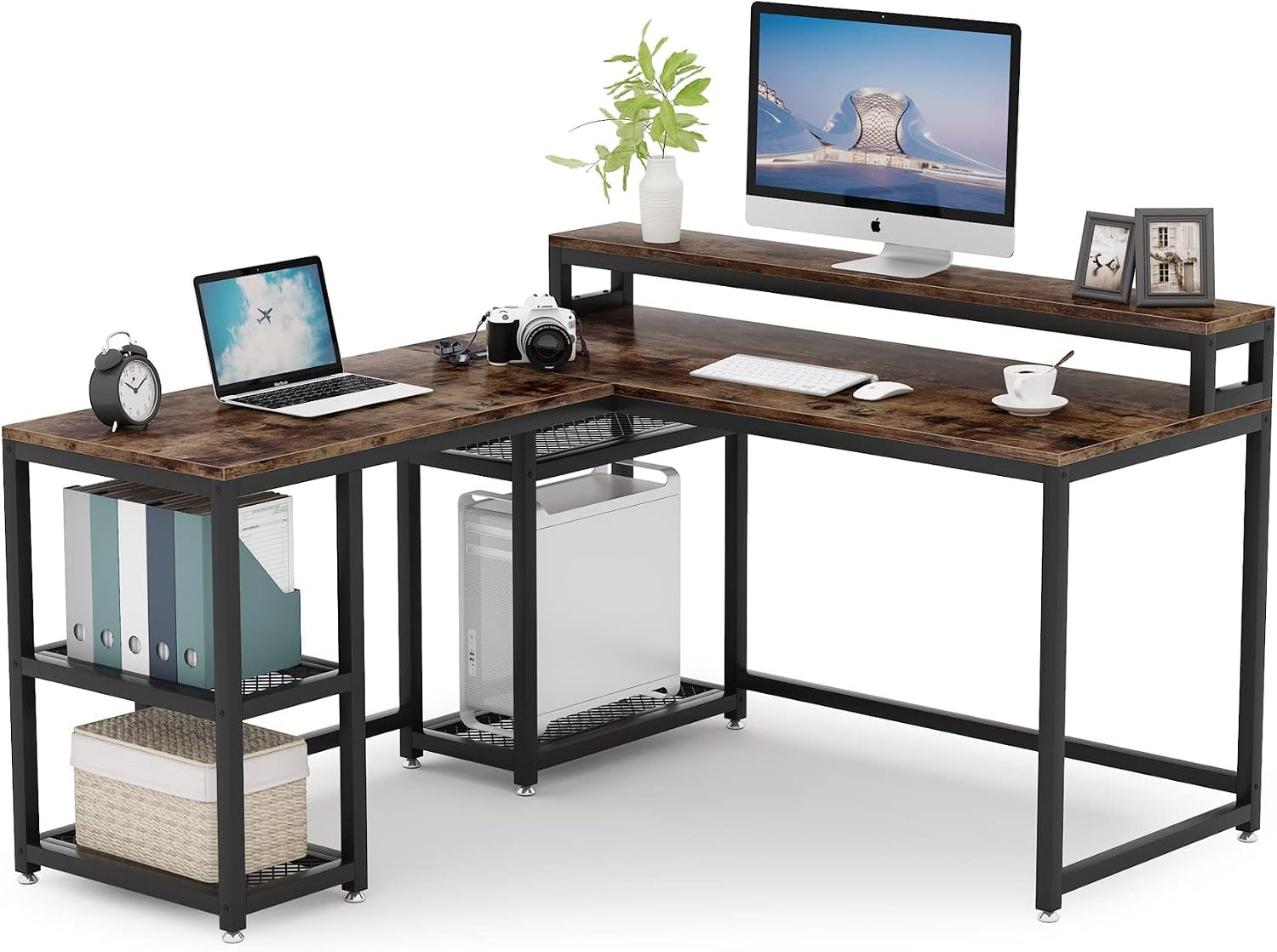 Tribesigns Reversible L-Shaped Desk with Monitor Stand, 59x55 inch Large Corner Computer Desk Industrial Home Office Desk Rustic Study Writing Table with Storage Shelves(Brown)