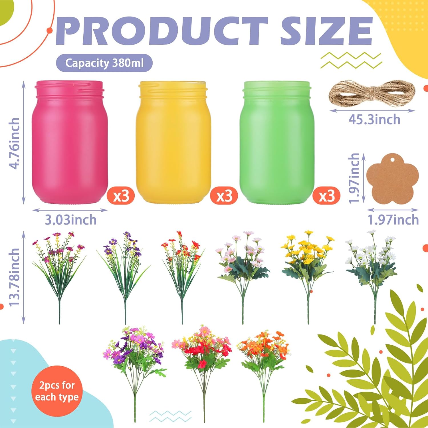 Set of 9 Spring Mason Jar Table Centerpiece Decor 13 oz Glass Spring Floral Mason Jar Artificial Daisies Faux Flowers with Card for DIY Dining Kitchen Tiered Tray Home Decoration