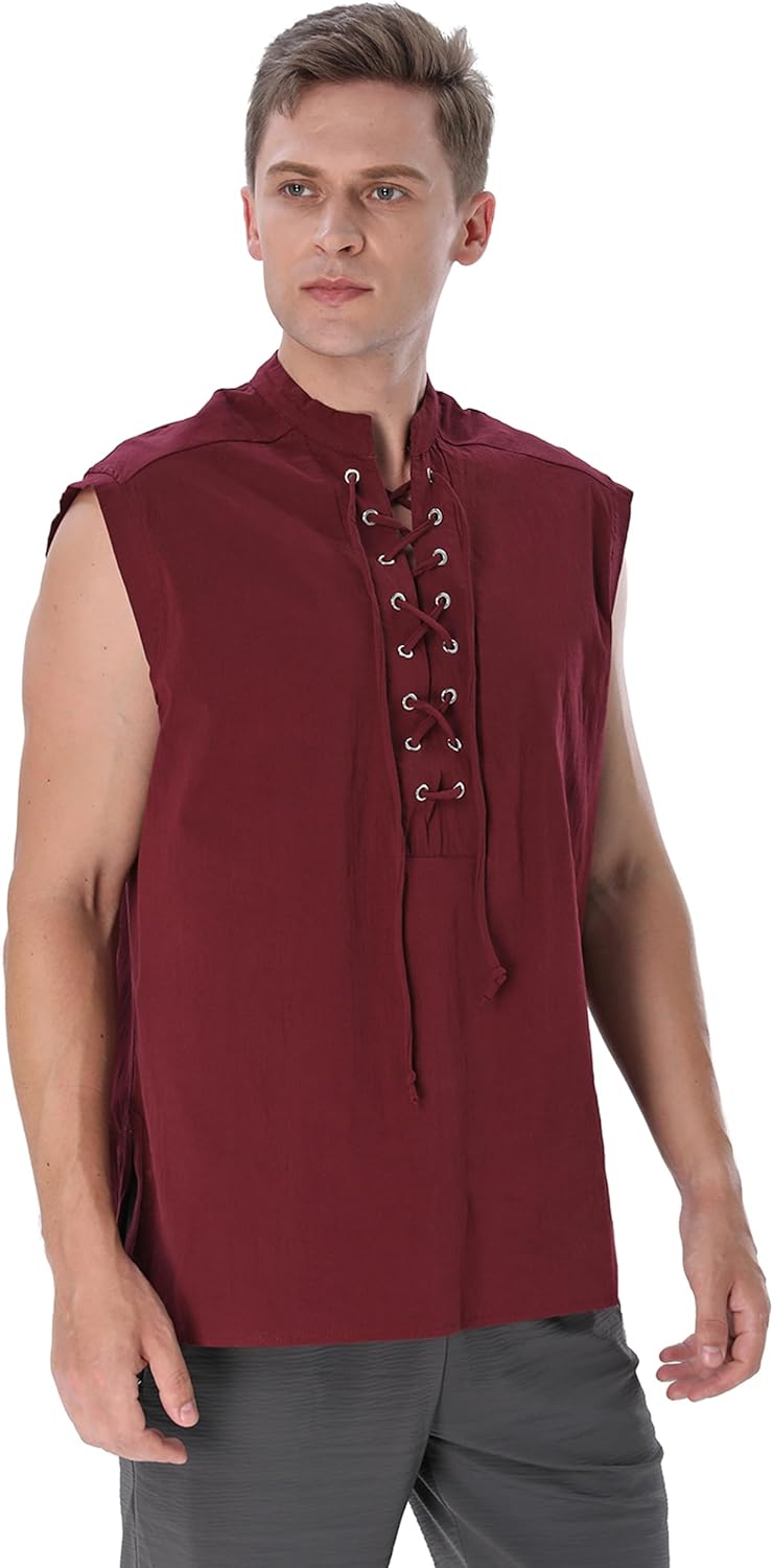 BAKUGOU Mens Medieval Lace Up Sleeveless Shirt Viking Renaissance Pirate Tunic Top Warrior Costume Vest for Men - Image 8