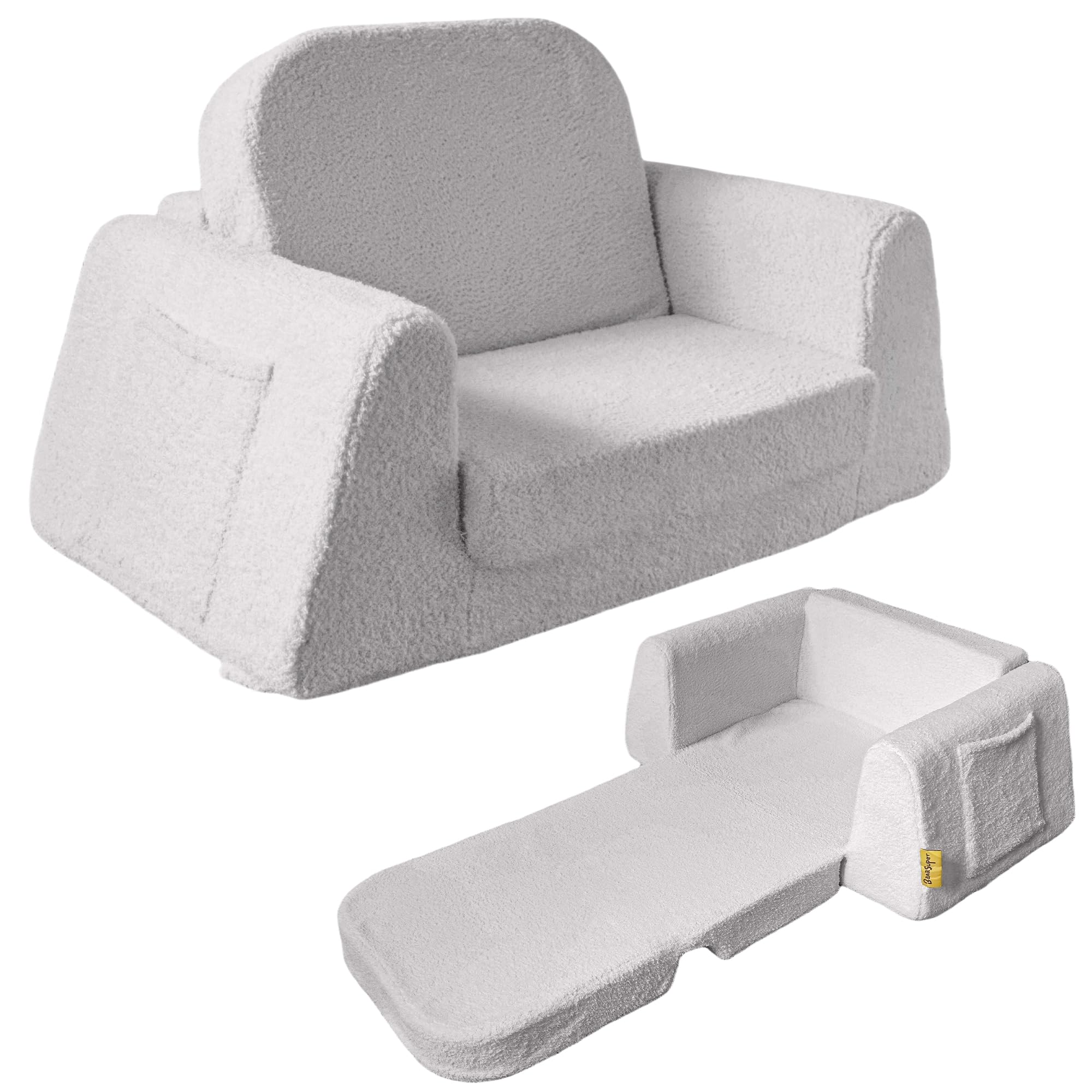 BanaSuper Poltrona Letto Bambini 2-in-1, Divano per Bambini con Tasca in Stoffa, Divano Convertibile e Lettino Pieghevole, Tessuto Sherpa Morbido, Copertura Lavabile, Grigio