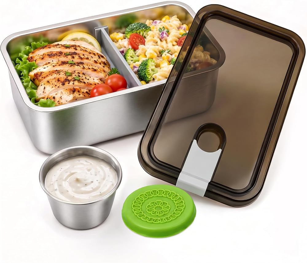 Stainless Steel Lunch Box Microwavable 1250ML Bento Box Leakproof Container | 304 Lunch Box for Adults with Removable Compartment Condiment Container BPA/BPS-Free, Dishwasher Safe for Healthy ,Office