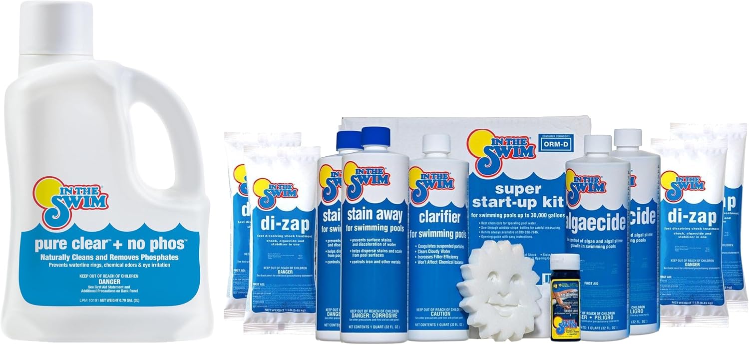 In The Swim Well Water Swimming Pool Essentials Start-Up Kit - Opening Chemicals – Metal Stain Prevention, No Phos Treatment, Shock & Clarifier - 35,000 Gallons