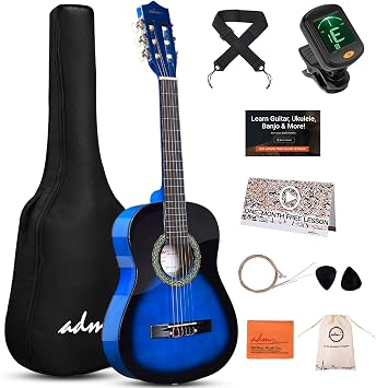ADM Beginner Acoustic Classical Guitar Nylon Strings Wooden Guitar Bundle Kit for Kid Boy Girl Student Youth Guitarra Online Lessons with Gig Bag, Strap, Tuner, Strings, Picks 34 Inch, Blueburst