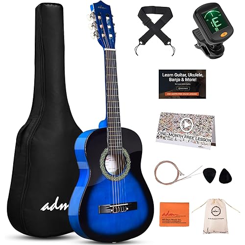 ADM Beginner Acoustic Classical Guitar Nylon Strings Wooden Guitar Bundle Kit for Kid Boy Girl Student Youth Guitarra Online Lessons with Gig Bag, Strap, Tuner, Strings, Picks (34 Inch, Blueburst)