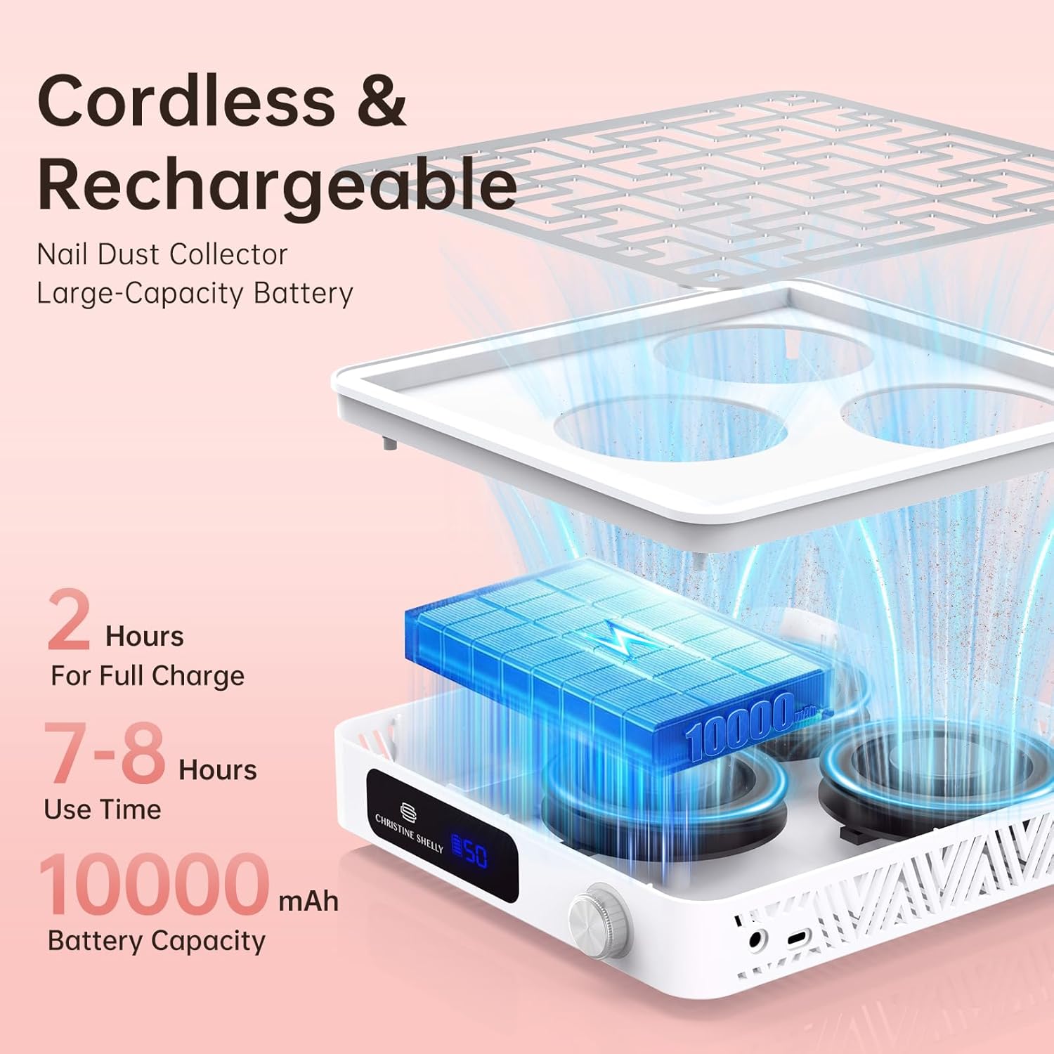 Cordless Nail Dust Collector, Professional Portable Dust Collector Nail Tech, Powerful 2400PA 19500RPM Nail Fan Vent Dust Collector Extractor with 50 Gears, Low Noise, Nail Salon