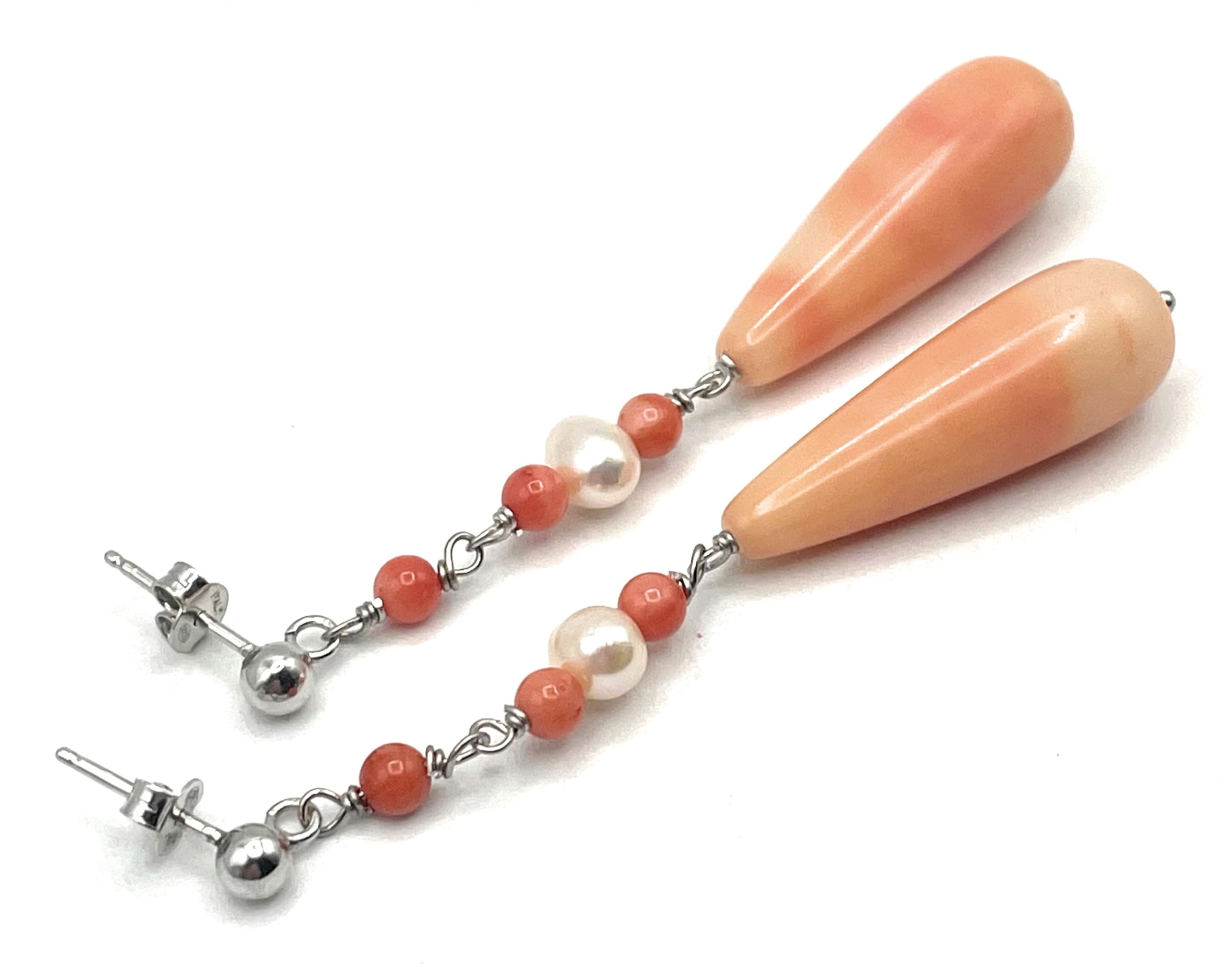 Orecchini Corallo Rosa e Perle Naturali, Pendenti in Argento 925 Made in Italy, Gioielli Pietre Dure, Bijoux Artigianali, Regalo per Lei