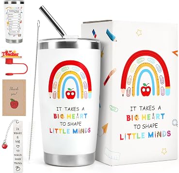 Teacher Gifts for Women, 20oz Travel Mug with Straw and Lid, Personalised Card & Bookmark, Tumbler Cup Gift for Teacher from Students/Parents, Stainless Steel Reusable Insulated Cup Rainbow