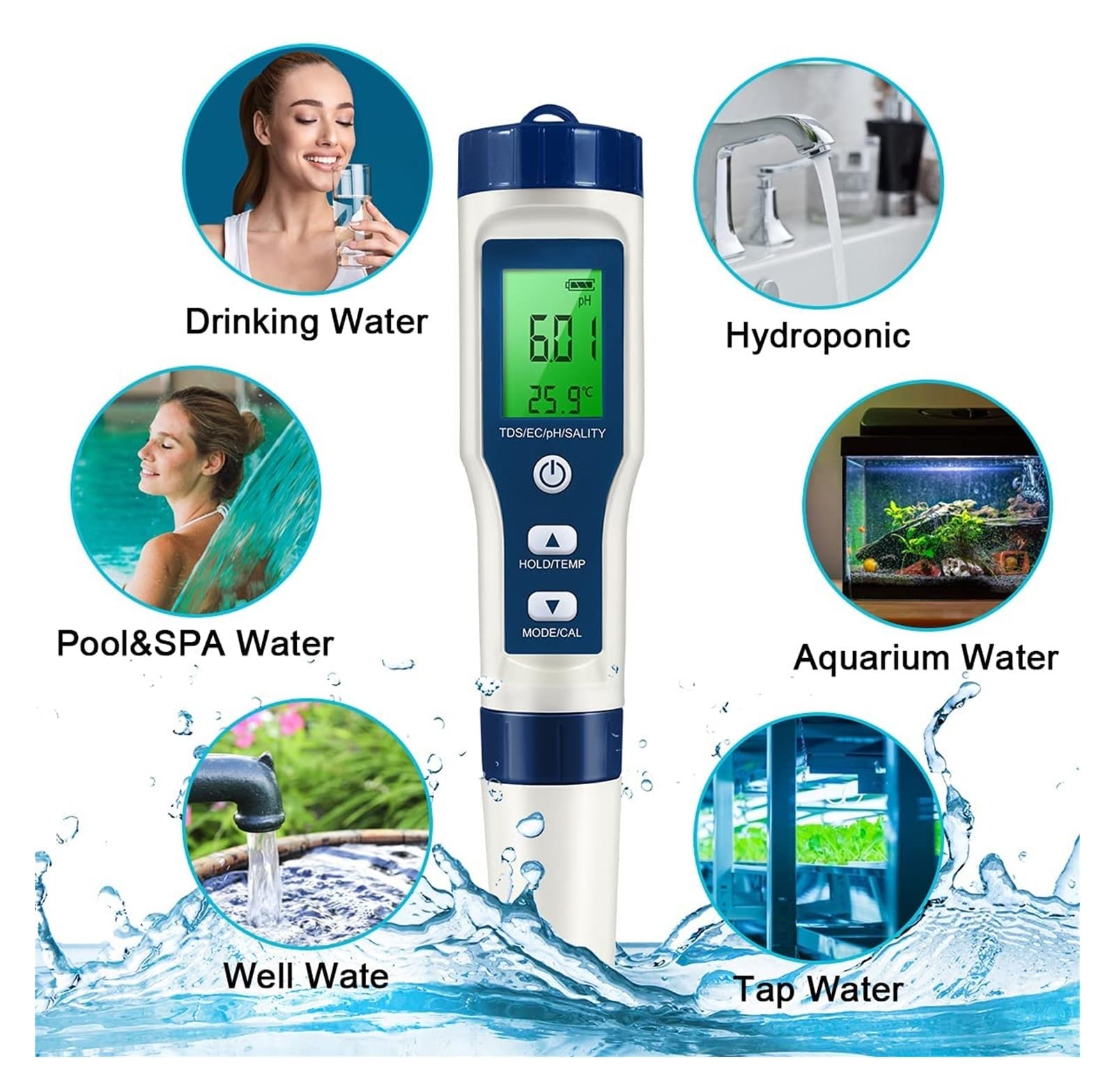 Testeur PH, Ph-mètre numérique Recharable 5-en-1 pH/TDS/EC/salinité/température avec afficha simultané des données for la culture hydroponique, les Aquariums et laboratoires(Rechargeable)