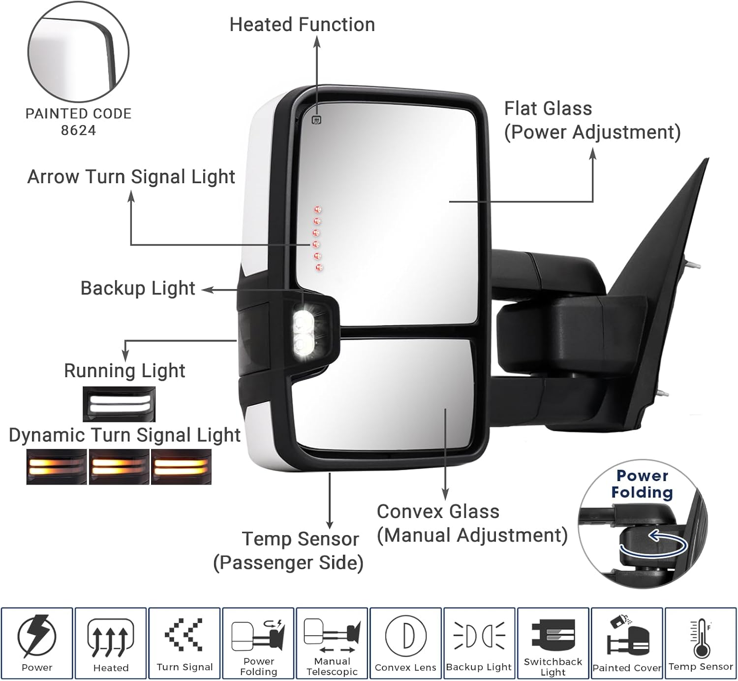 Sanooer Power Folding Towing Mirror Compatible with 2014-2018 Chevy Silverado GMC Sierra with Switchback Running Turn Signal Light Power Adjustment Tow Mirror Heated Paint White 8624