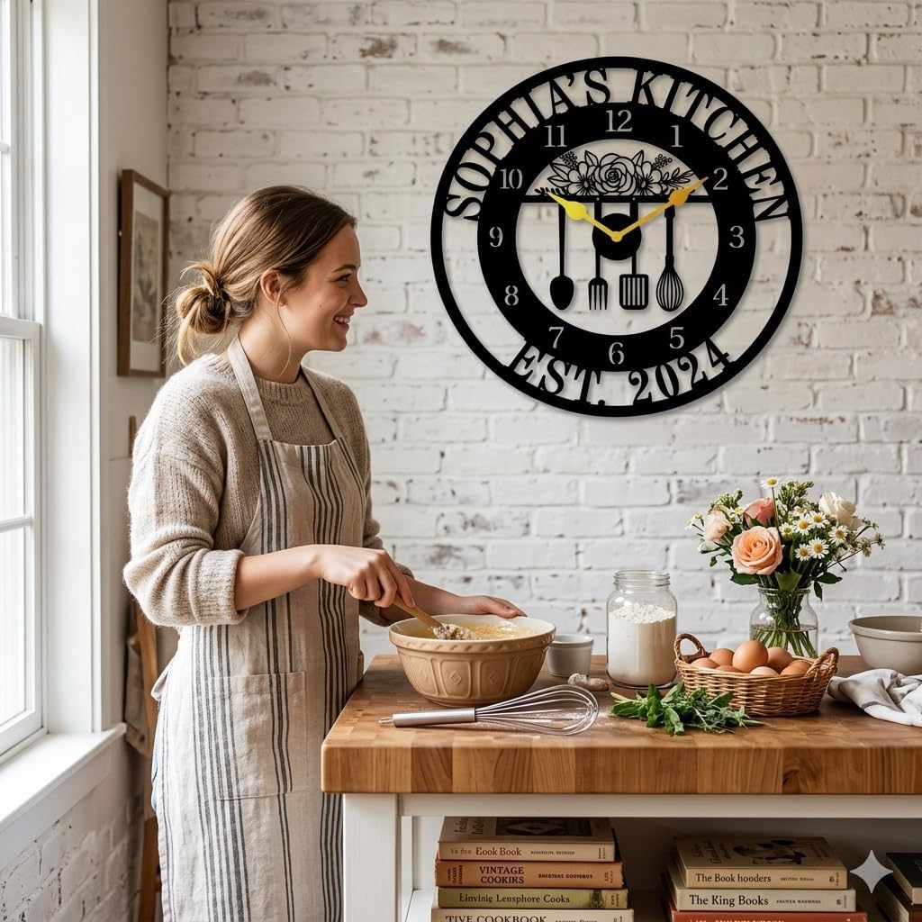 Personalized Kitchen Metal Clock,Custom Name Letter Round Wall Clock,Personalized Family Clock for Kitchen Living Room Bathroom Christmas Housewarming Gifts(12×12 inch)