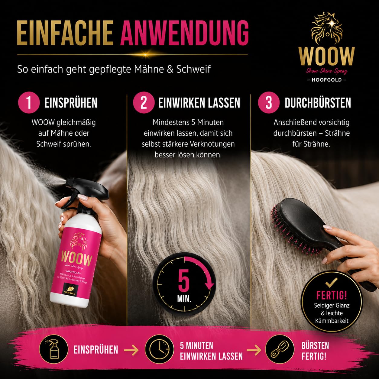 WOOW 2500 ML, Spray Brillance et demelant pour Chevaux, Grand Format Ecurie, demelage Rapide, Film Protecteur Anti poussiere, Finition Soyeuse Longue duree, ADMR Conforme