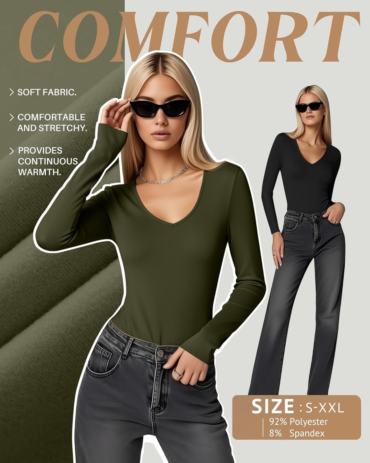 4 Pack Women's Long Sleeve Thermal Shirts Fleece Lined V Neck Slim Fit Underwear Base Layer Basic Winter Warm Tops - Image 3