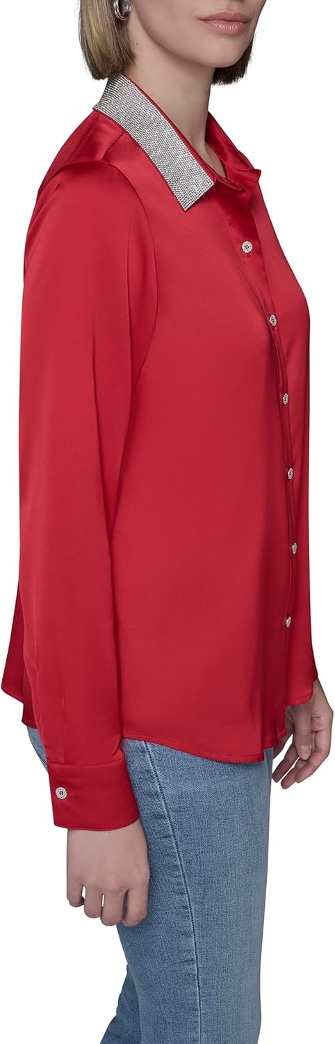 Karl Lagerfeld Womens Long Sleeve Collared Neck Crystal Collar Elevated Button Down - Image 3