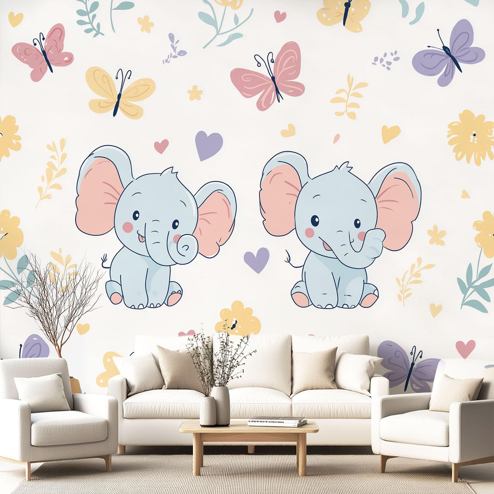 Papier Peint Panoramique Animal Botanique Dessin Animé 350 x 256 cm, Poster Géant Mural Papier Peint Intissé, Décoration Fresque Murale Salon Chambre à Coucher Chambre d'Enfants Éléphant Papillon