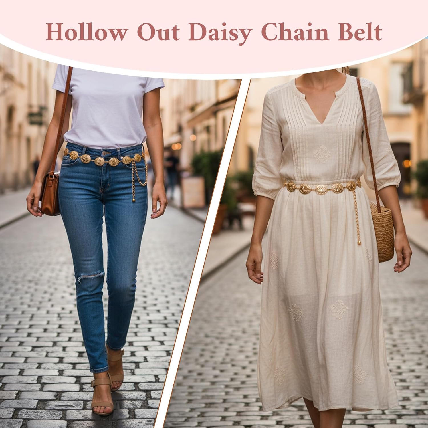 Gold Chain Belt,Western Belts for Woman Country Belt Adjustable Hollow Out Daisy Cowgirl Belts for Western Country Concert Outfit for Dress Jeans Pants - Image 5