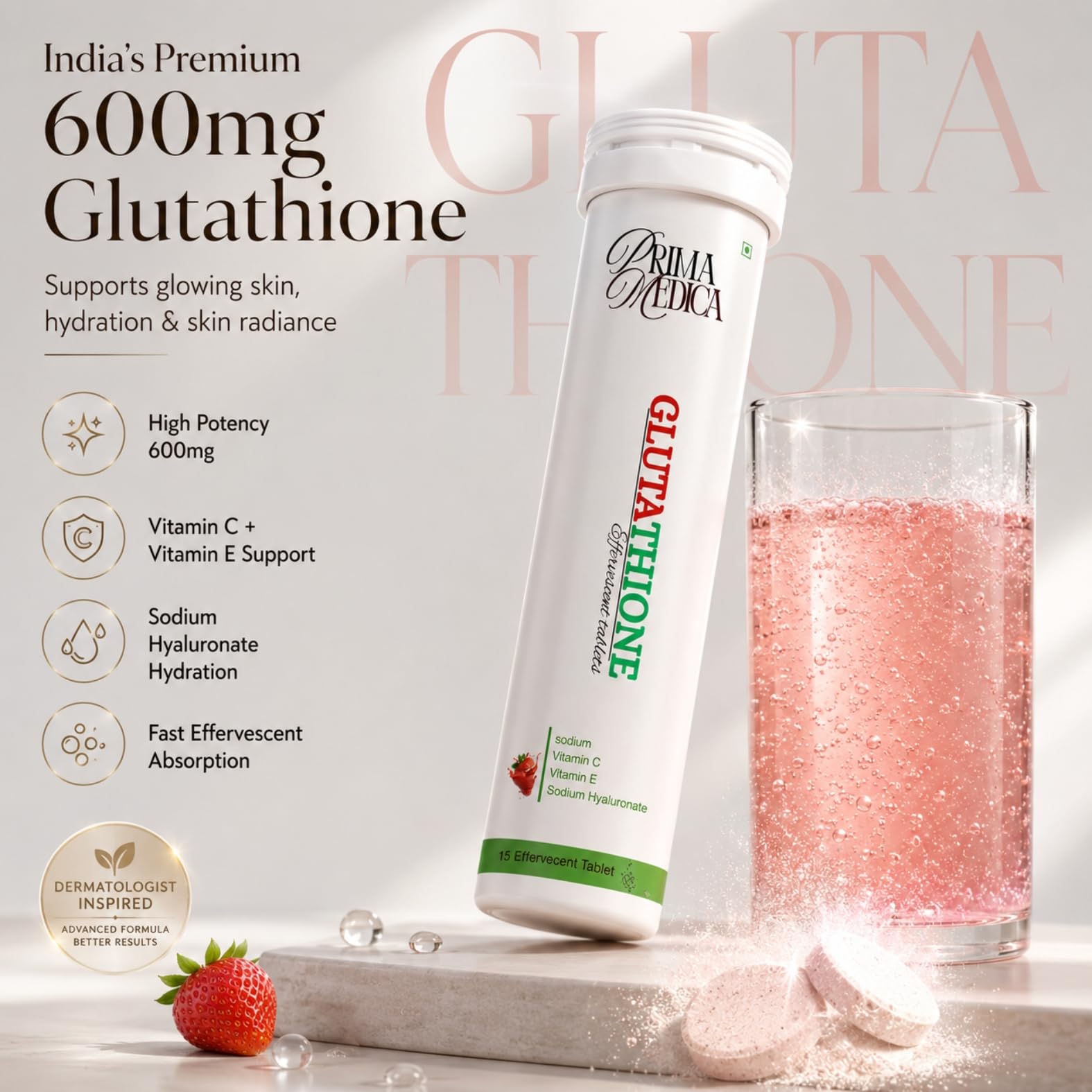 PrimaMedica Glutathione 600mg Effervescent Tablets | Vitamin C, E & Sodium Hyaluronate | Skin Glow & Skin Health Support