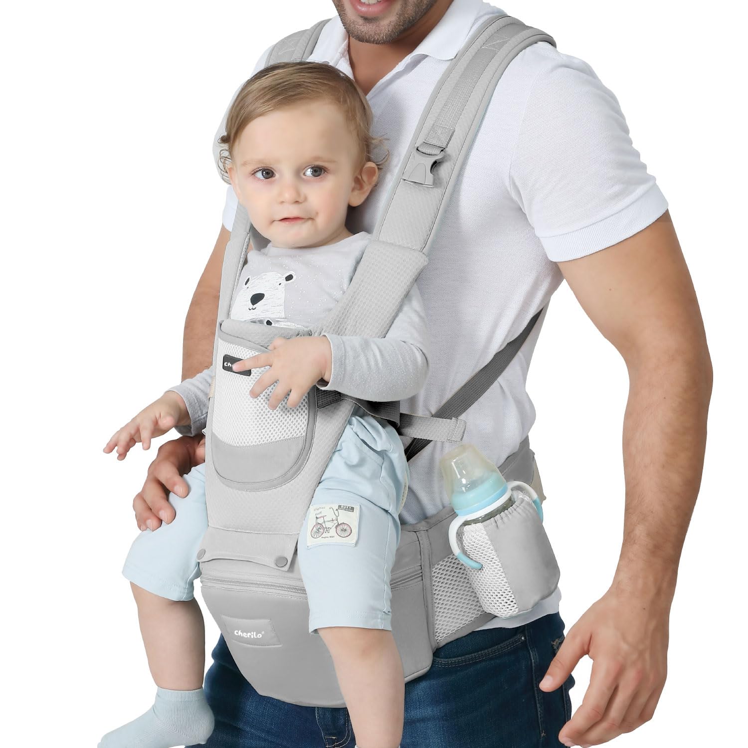 Cherilo Hip Seat Baby Carrier with 4 Carry Positions, Baby Carrier for 0 to 3 Year Baby, Adjustable New Born to Toddler Carrier up to 15 Kgs (Grey)
