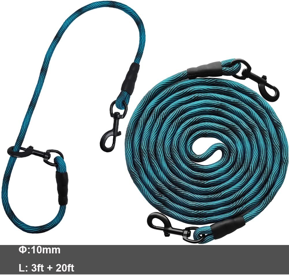 BTINESFUL 20ft Dog Tie Out Rope + 3ft Short Training Tie Down (Blue)