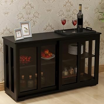 Sideboard Cabinet with Glass Doors - Buffet Storage Cabinet with Drawer, 2 Doors Floor Cabinet, Wooden Modern Credenza for Living Room, Bathroom, Bedroom, Dining Room, Kitchen Black