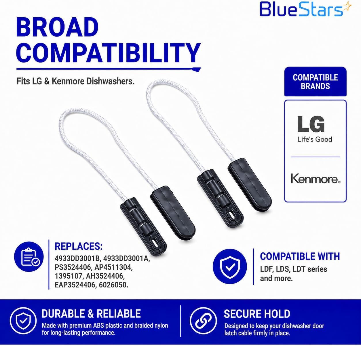 BlueStars 4933DD3001B Dishwasher Door Hinge Cable Assembly Replacement Parts - Compatible for LG Dishwashers - Replaces 4933DD3001A PS3524406 AP4511304 - Pack of 2