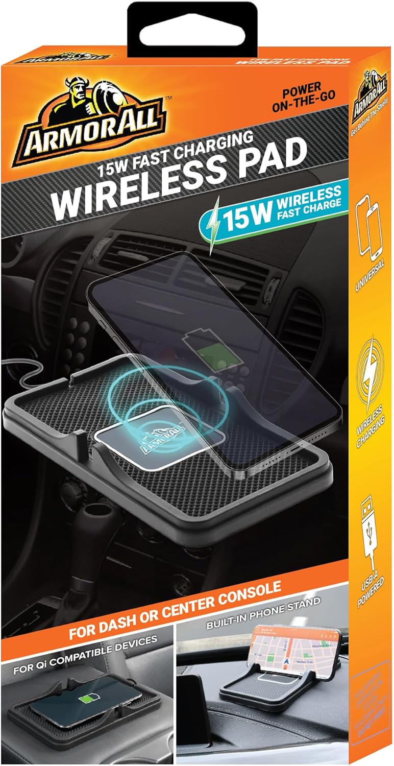 Armor All 15W Fast Wireless Charging Pad – Qi-Compatible, Universal Smartphone Stand (USB-A Powered)