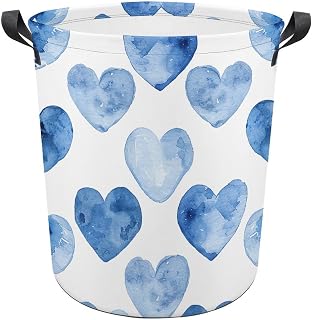 13.8 × 13.8 × 17.3 Inches Collapsible Laundry Baskets Hand Drawn Blue Heart Printed Waterproof Laundry Hamper Foldable Dirty Clothes Storage Bin for Bathroom Bedroom Office